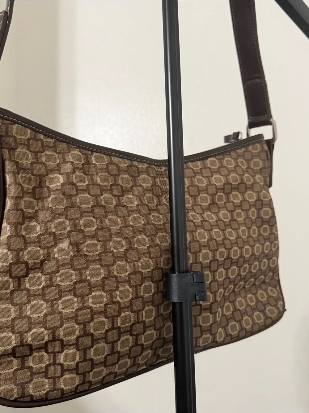 Patterned Brown Shoulder Bag with Dark Trim